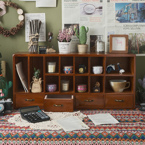 Desktop storage box tape cosmetics shelf desk stationery table wooden retro drawer zakka cabinet