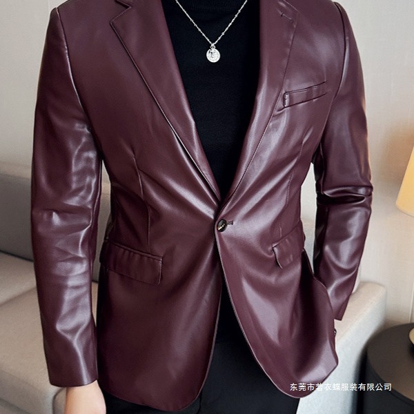 代购新款男士一粒扣皮衣外套西装修身韩版亮面西服上衣男
