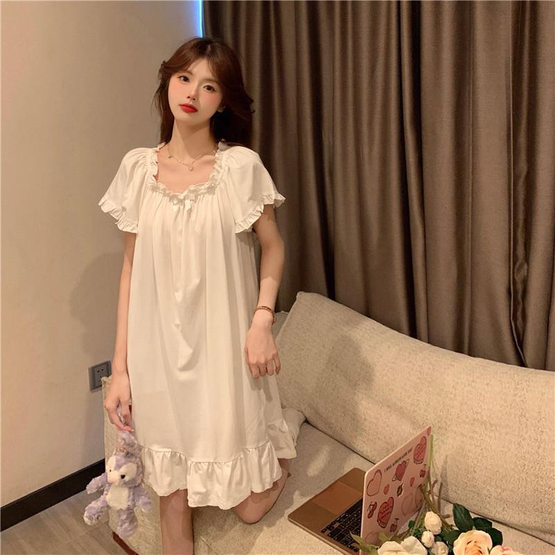 Fairy Pajamas Women's Nightgown Princess Style Summer 2024 Sweet Ruffled Short Sleeve White Nightgown Home Clothes Summer