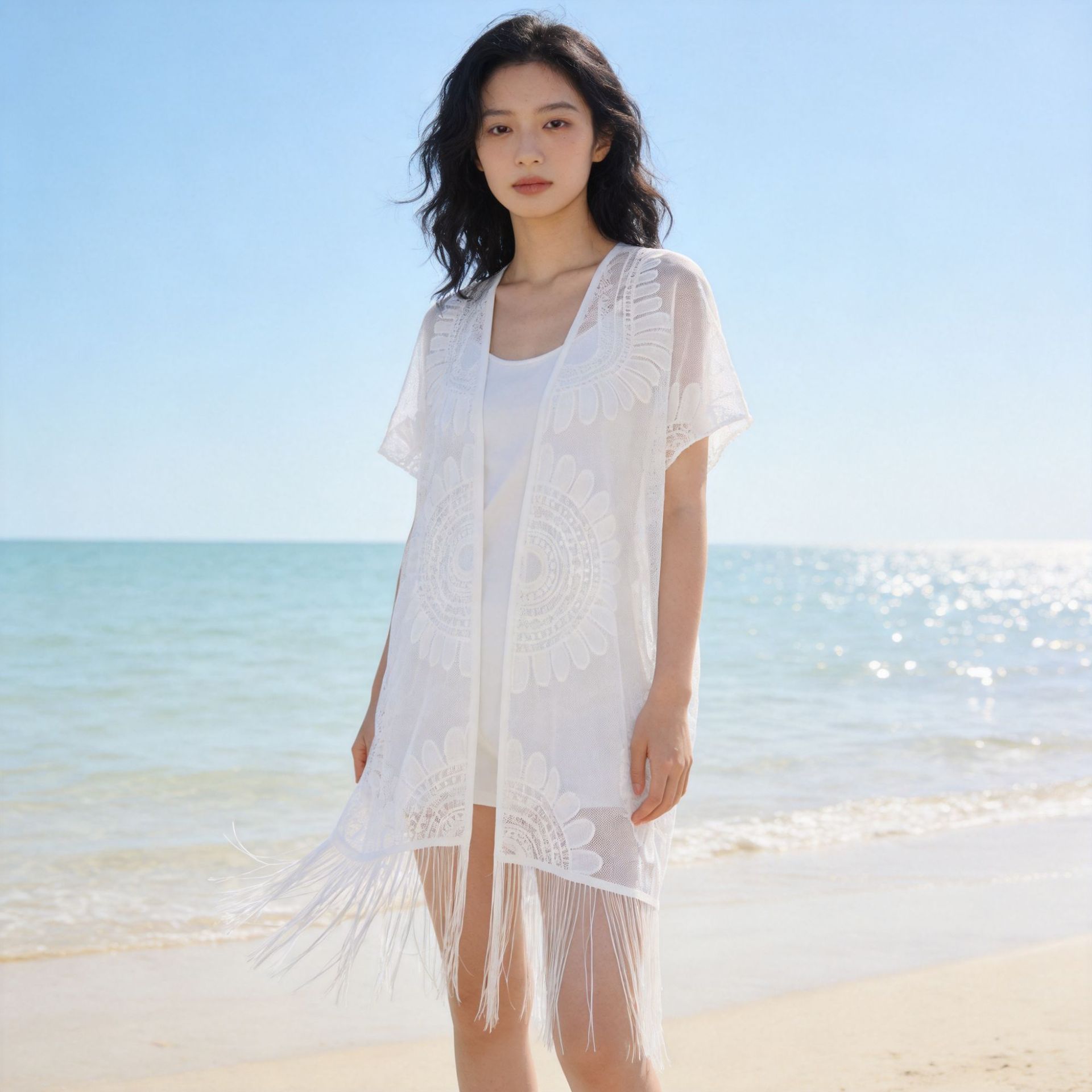 Camisas de encaje Cardigan de encaje Bloquetas de protección solar de vacaciones de playa Capa de protección solar Bikini