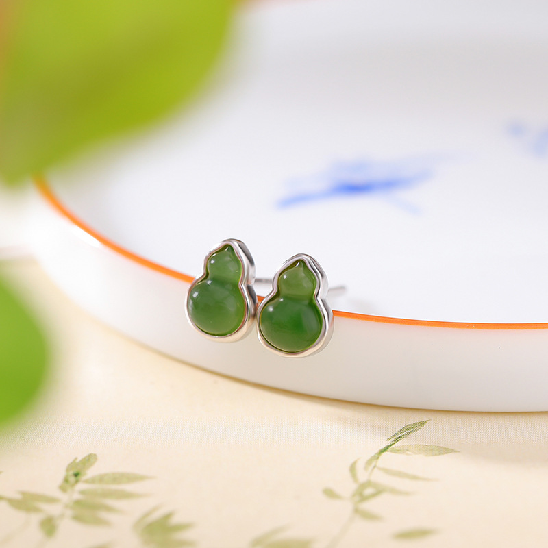 Bông tai bạc S925 mạ vàng đính ngọc bích jasper phong cách retro đơn giản — Kiểu màu bạc