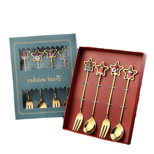 Stainless steel Christmas spoon set Christmas tableware coffee spoon fruit fork cartoon Christmas doll spoon fork