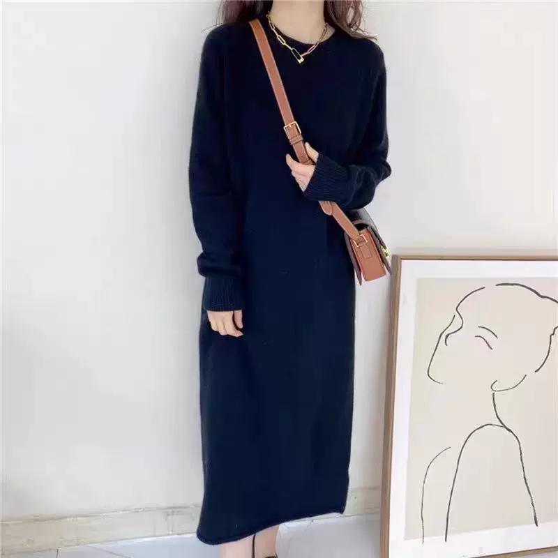 2025新款慵懒100%纯羊毛连衣裙宽松休闲外穿内搭长裙针织裙女
