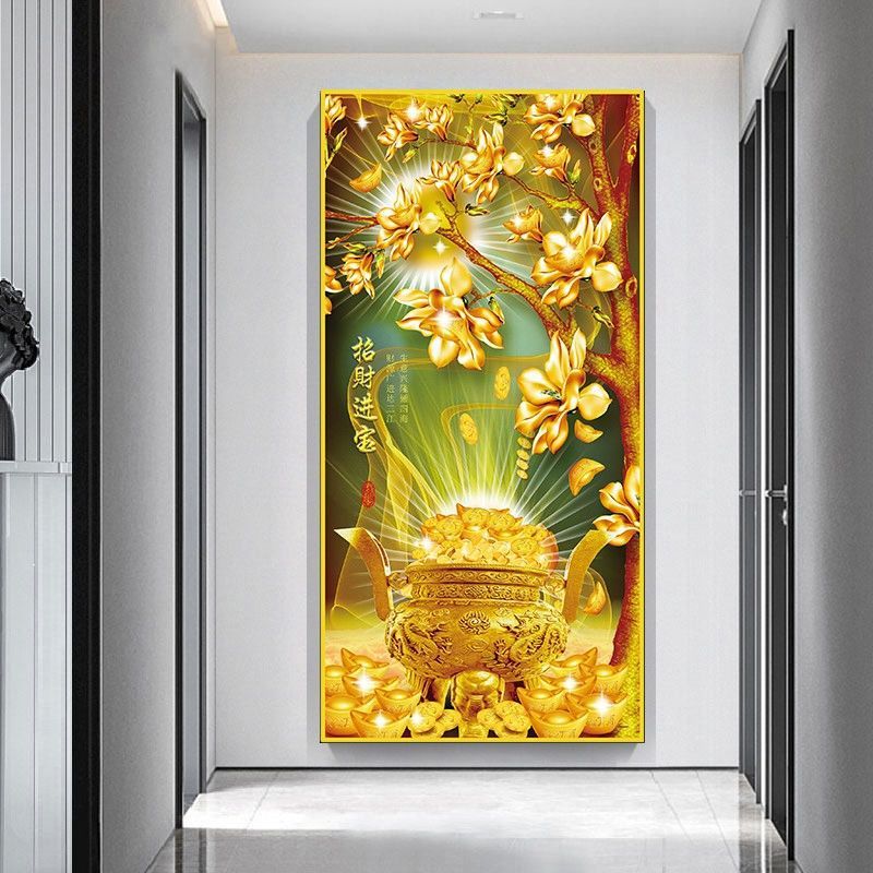 玄关装饰画自粘招财进宝高档贴画现代轻奢黄金满地五福临门发财树|undefined