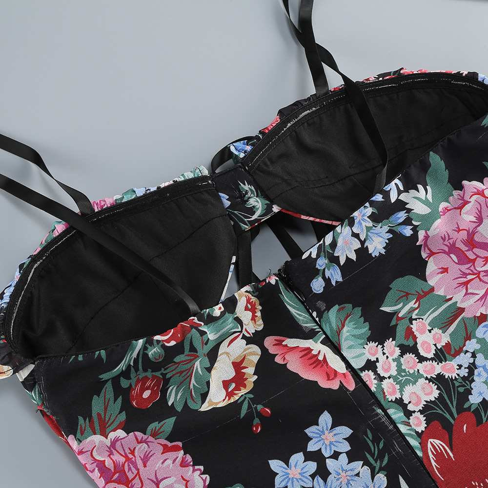 Women's Clothing Sexy Floral Print Strapless Halter Top And Cropped Mini Skirt Set Women's Cake Skirt Fashion Party Wear_ecoleips.com