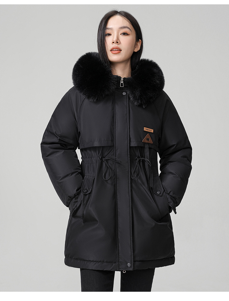 2024 foreign trade overcomes women's winter new Korean version waist cinching slimming hooded big fur collar cotton_voghion.com