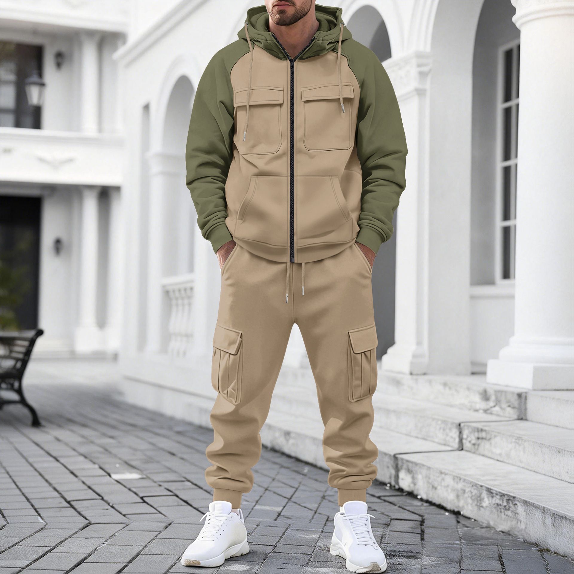 Cross-Border Foreign Trade Winter Large Size American-Style Heavy Fleece Loose Men's Casual Sports Multi-Pocket Workwear Set for Men