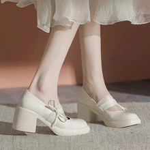 白色法式厚底粗跟高跟小皮鞋子女夏配裙子2024新款浅口单鞋
