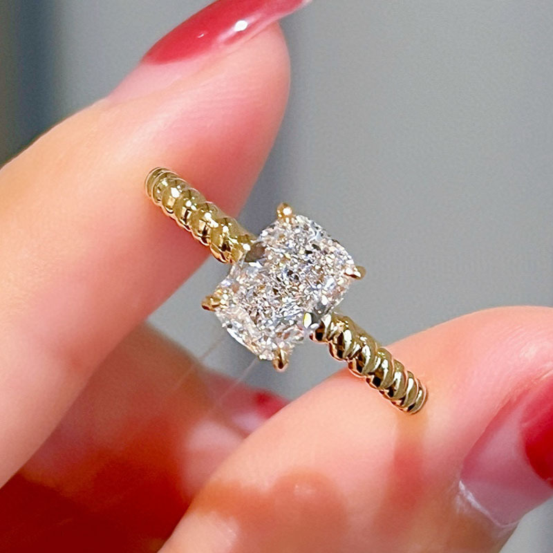 18K gold cushion-shaped 1-carat diamond ring for women, lab-grown engagement/wedding ring, laboratory diamond ring, cord-knot minimalist women's ring