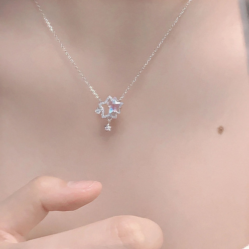 Titanium steel fashionable temperament five-pointed star rhinestone necklace for women, colorful titanium steel ultra-bright zirconia tassel pendant choker