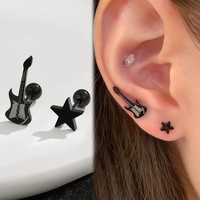 Black Rock Bass Guitar Star Ear Bone Stud, Punk Titanium Steel Personalized Threaded Fashion Ear Cartilage Stud