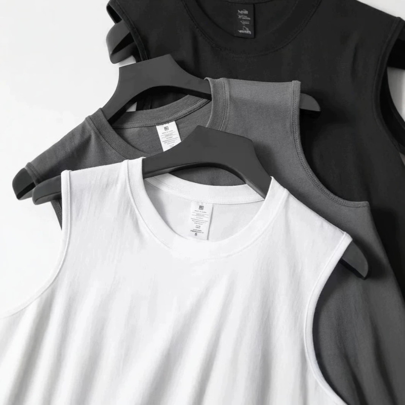 100% Pure Cotton Wide-Shoulder Tank Top for Men, Summer Loose Fit Sleeveless Gym Sports Short T-Shirt Undershirt