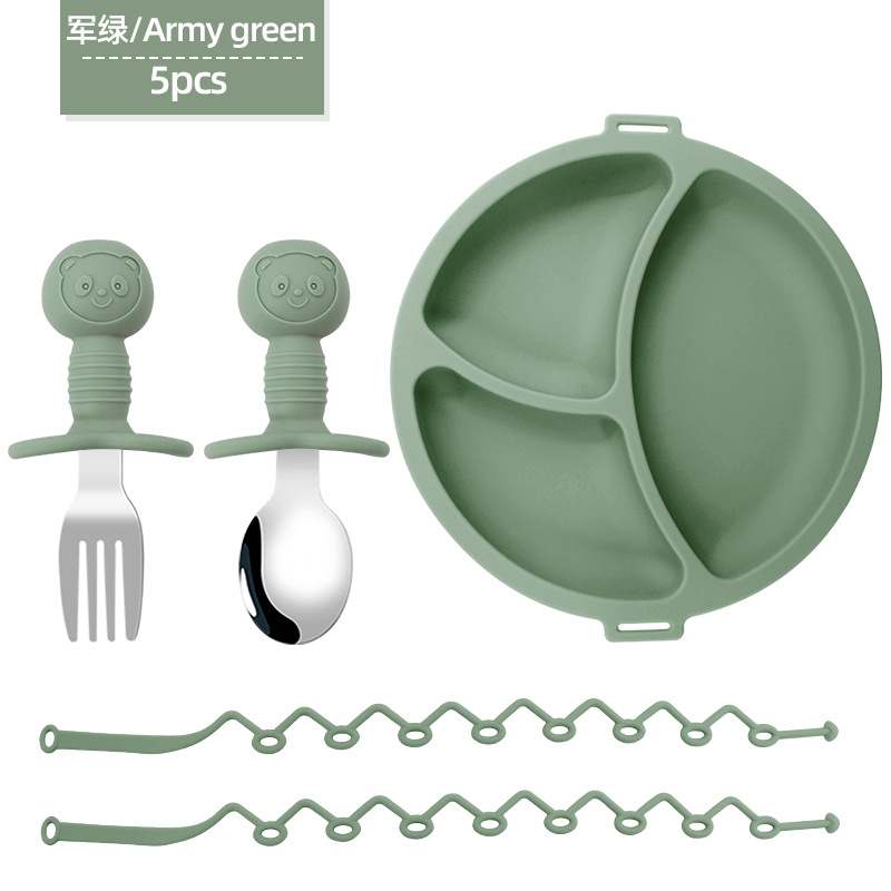 Placa de comedor de cadena anti-pérdida para niños, entrenamiento para bebés, plato de comedor dividido, cuchara de tenedor, suplemento alimenticio de silicona para bebés, cuchara de oso, tenedor
