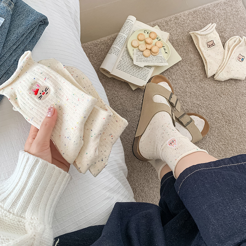 襪子女可愛花邊刺繡2024新款秋冬季日系中筒襪點子紗荷葉邊堆堆襪
