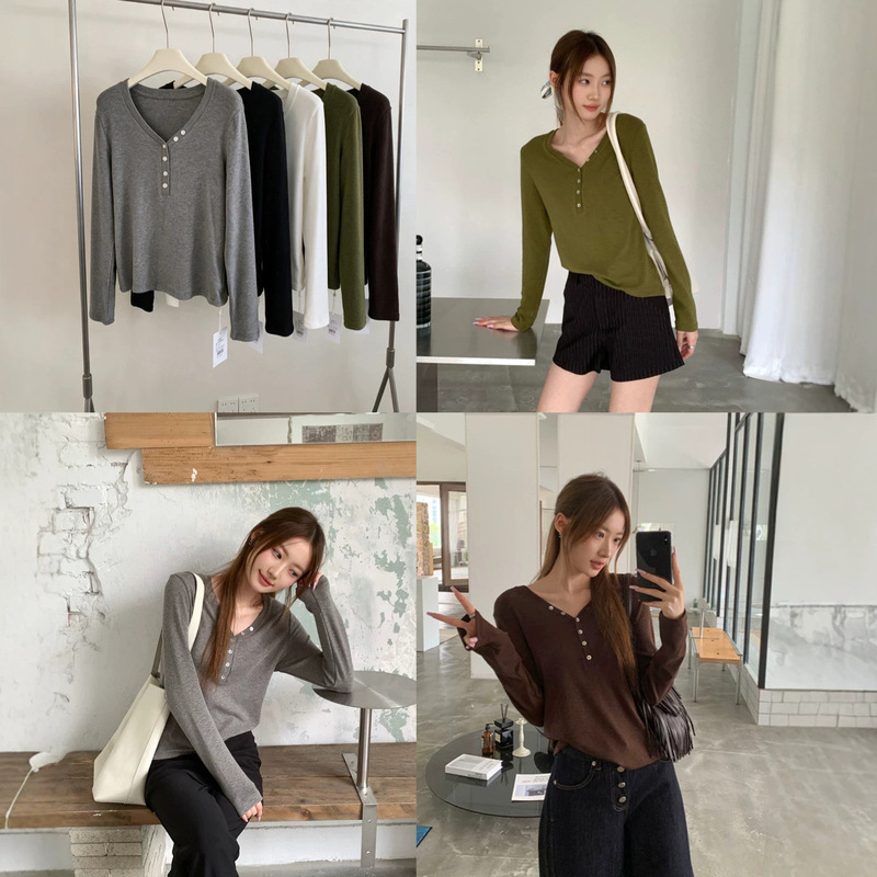 2026 popular style women's long-sleeve T-shirt with a Henley collar, V-neck, slim fit, and a half-open collar design, perfect for autumn and winter, in a solid color