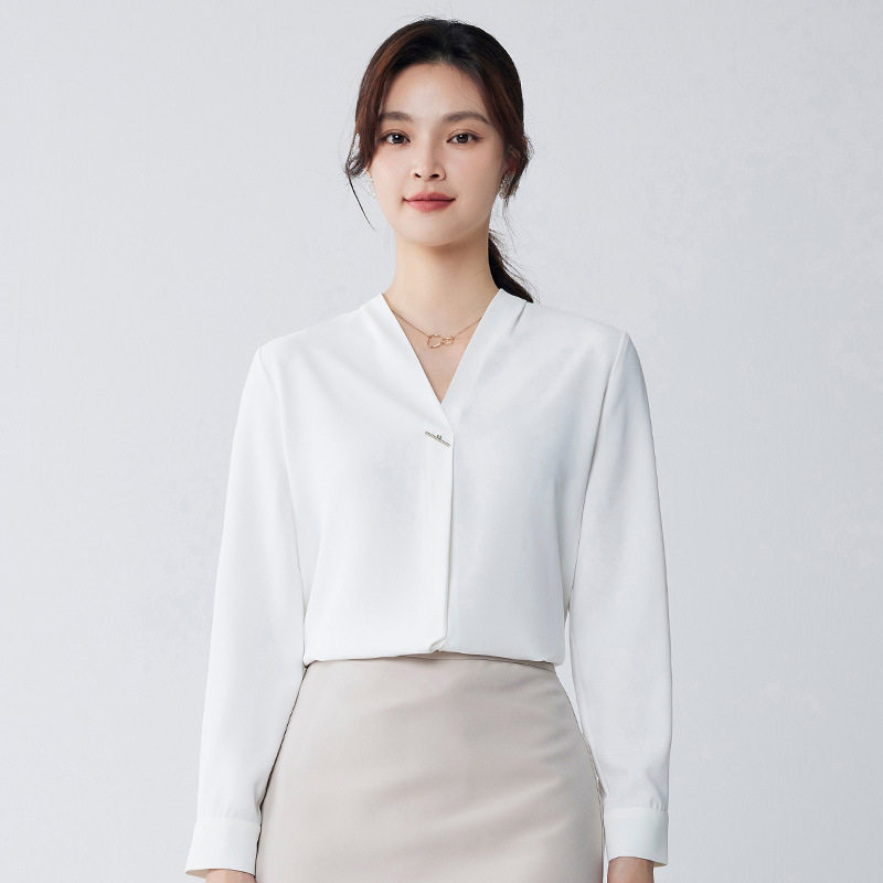 Áo sơ mi nữ voan cổ chữ V dài tay xếp li chống xuyên thấu — Tay áo dài màu trắng phong cách nữ