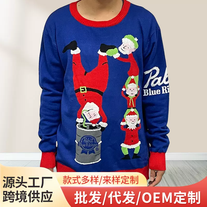 定制男女士加厚复古毛衣卡通针织打底衫毛衣跨境圣诞老人针织毛衣