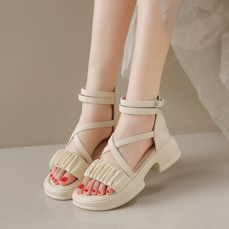 2025 новые летние модные женские сандалии на среднем каблуке с открытым носком, на платформе, с ремешком на пряжке и молнией, повседневная обувь для женщин