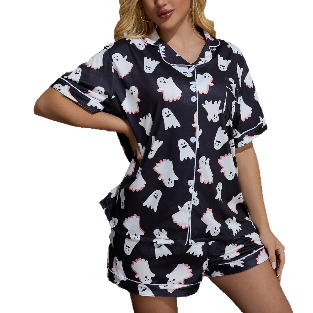 Amazon transfronterizo de Halloween Europa y América damas pijamas fantasma impresión cardigan mangas cortas pantalones cortos ropa de casa set mujer