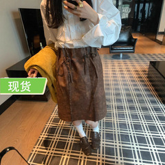 欧阳做旧pu皮半身裙女秋季新款蝴蝶结绑带复古中长款直筒裙子
