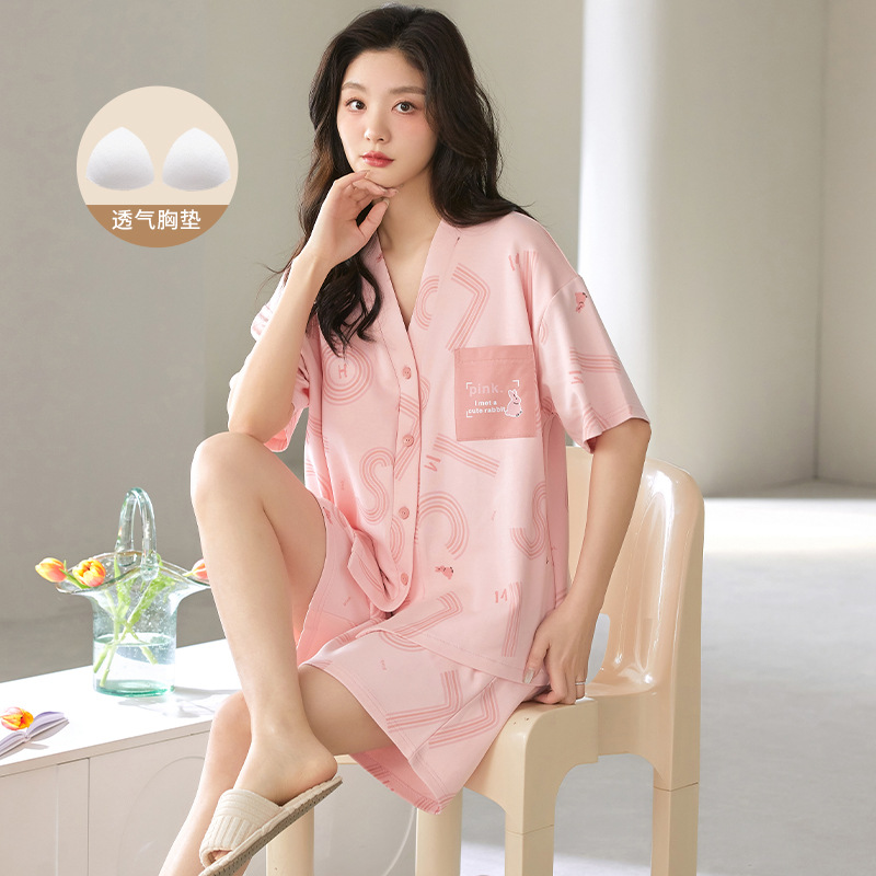 Summer Women's Cardigan Home Wear Short-Sleeved Shorts Pajamas Set Collarless Front Buckle with Chest Pad Free to Wear Bra at Home