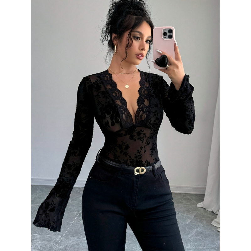 European and American Cross-Border Amazon 2026 Spring New Women's V-Neck Lace Patchwork Mesh Bell-Sleeve T-Shirt Top for Women European and American Cross-Border Amazon 2026 Spring New Women's V-Neck Lace Patchwork Mesh Bell-Sleeve T-Shirt Top for Women