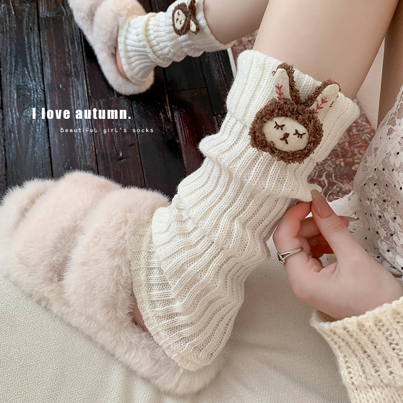 Beinwärmer Baumwollsocken für Damen Frühling und Herbst Puppenstapelsocken im Waldstil Herbst und Winter Retro Maillard Niedliche Cartoon-Strickbeinwärmer_voghion.com