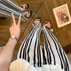 轧染直筒休闲裤女高街设计感压褶条纹阔腿裤宽松高腰垂感拖地裤长