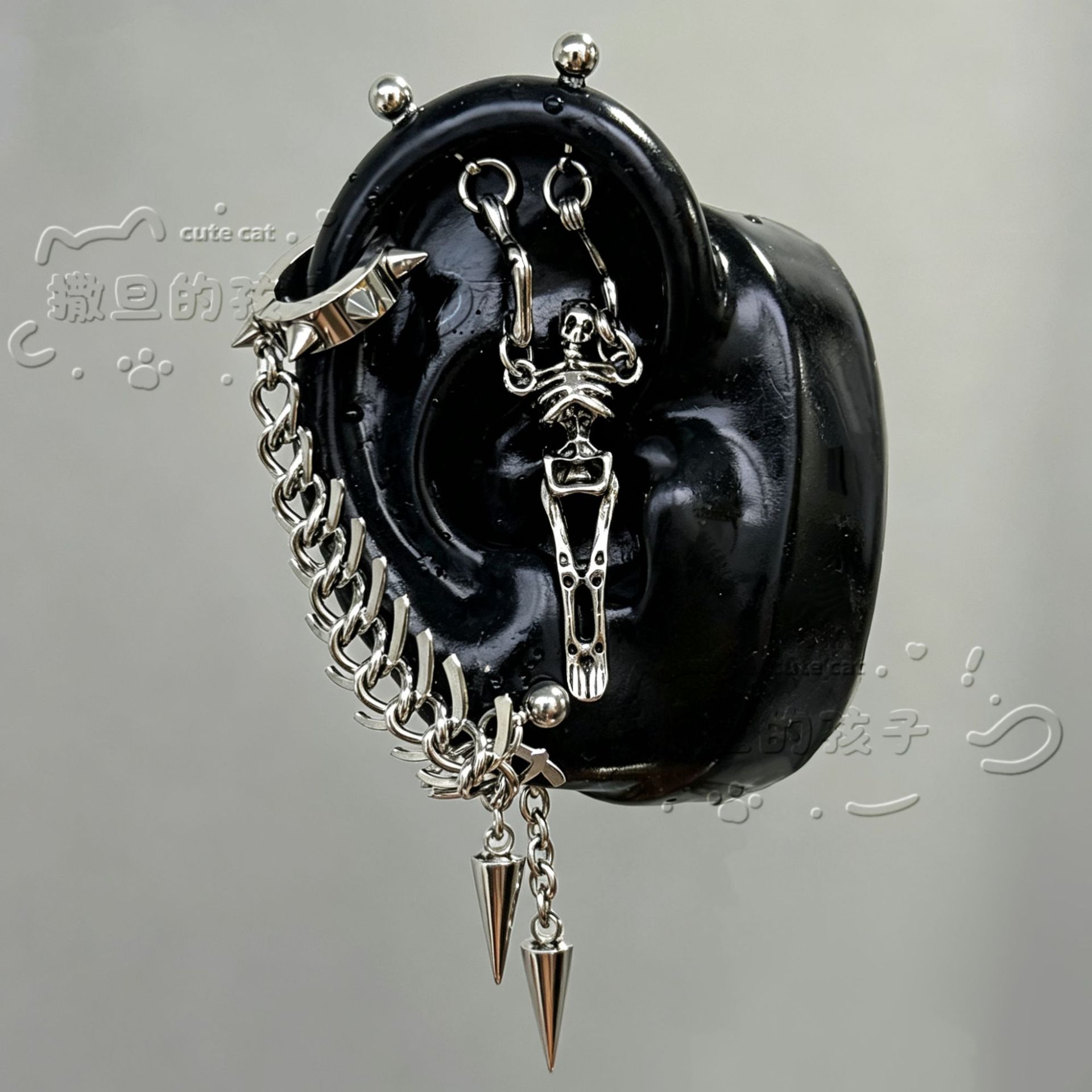 Satan's Child Gothic Skull Chain Bone Piercing Earring Titanium Steel Earring Dark Cyberpunk Style detail image 7