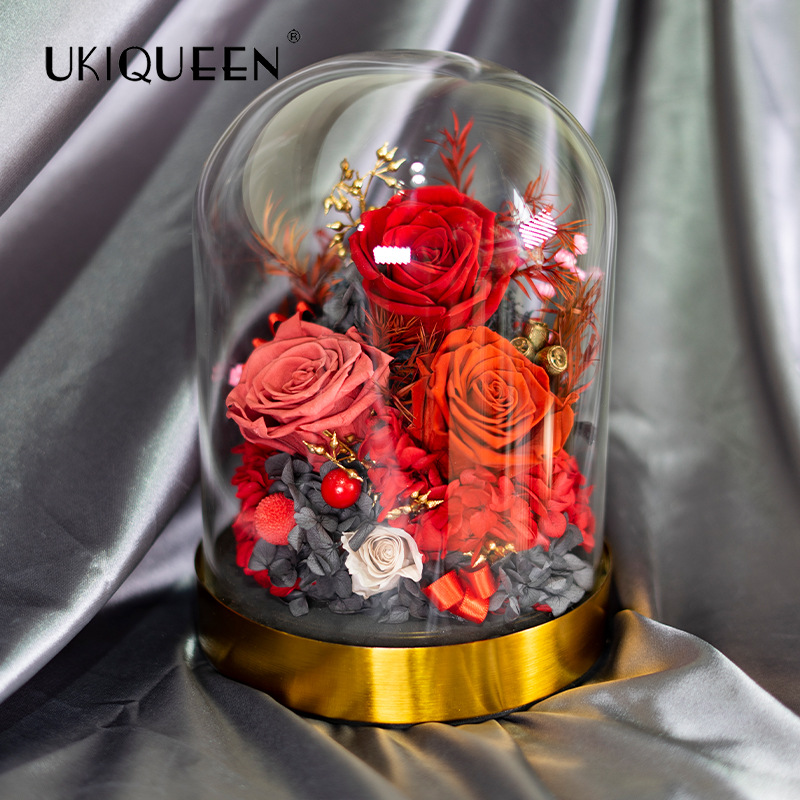 Base de oro rosa con cubierta de cristal para flor eterna, producto terminado, éxito de ventas transfronterizo en Amazon, decoración para el hogar, adorno de alta gama.