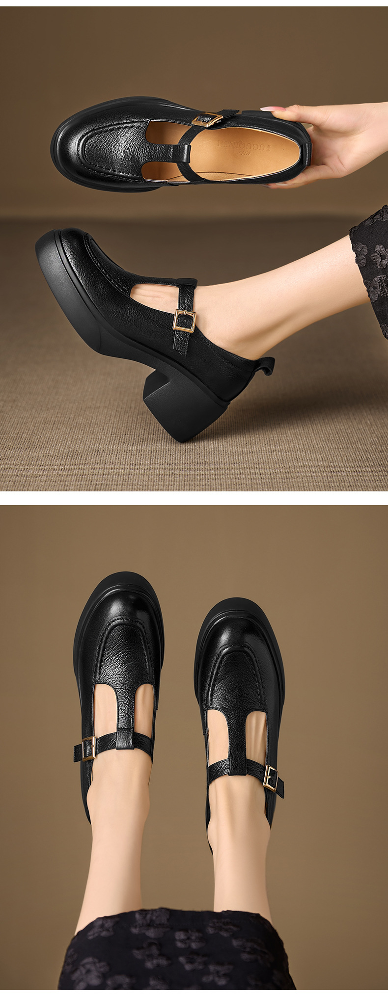 Giày Mary Jane nữ da cừu đế dày gót vuông 6,5 cm quai ngang khóa — đen chi tiết 7