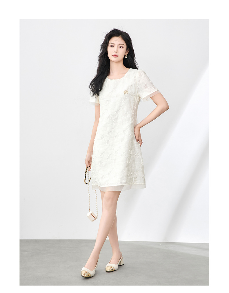 Váy liền nữ cổ tròn phối voan, họa tiết jacquard nổi, phong cách quý cô — Màu vàng chi tiết 10