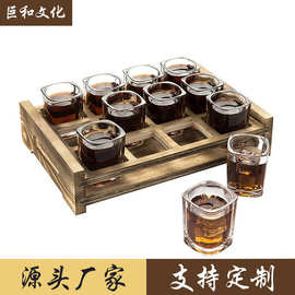 酒杯拖盘木制酒架多格杯托收纳杯子盘火烧碳化烈酒杯木托盘架木艺