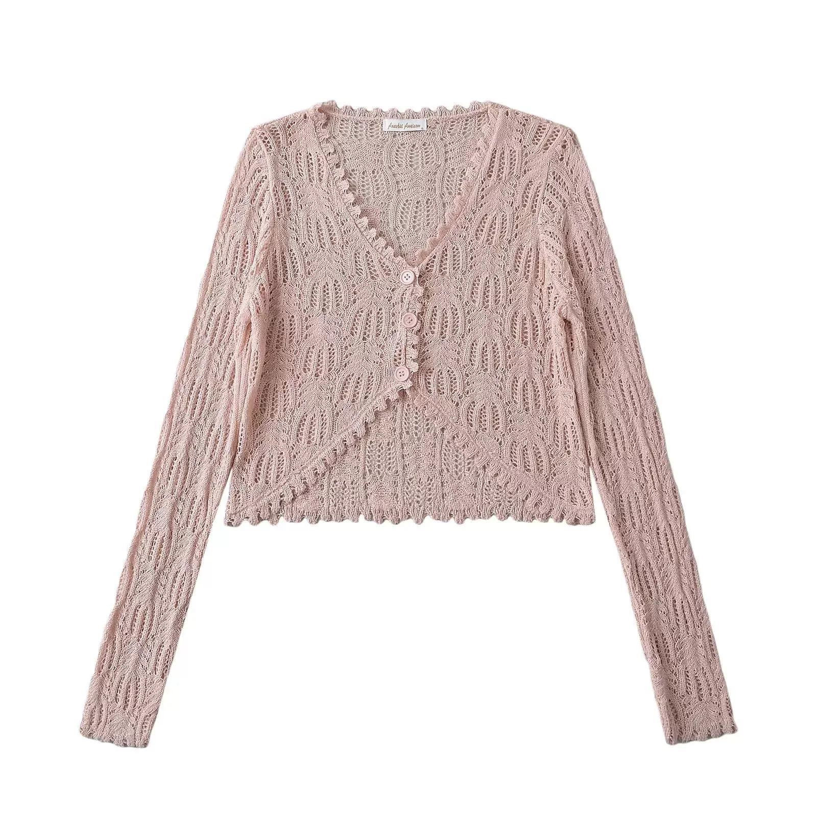 Милый вязаный летний укорочённый кардиган, куртка, длинный рукав