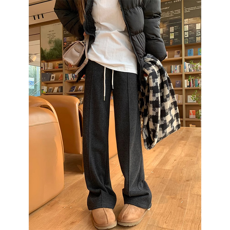 Pantalones de piernas anchas blancas de arroz de otoño y invierno de 2024 nuevos pantalones de cintura alta, pantalones casuales rectos estrechos y gruesos