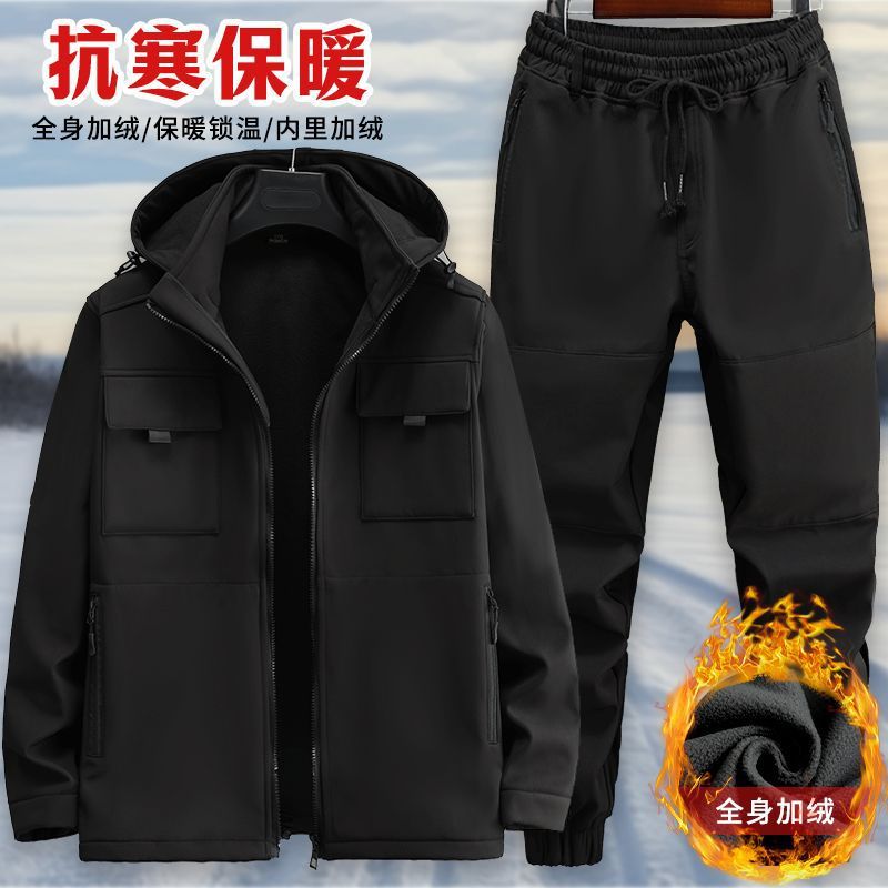 秋冬加绒加厚工作服套装男户外冲锋衣防风防水防寒保暖工装劳保服