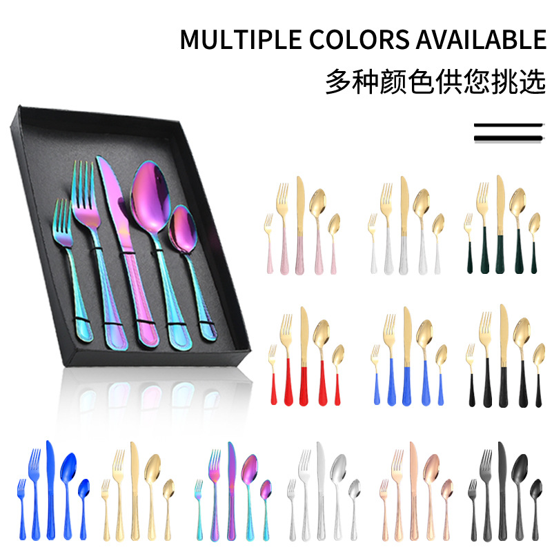 Amazon TikTok productos transfronterizos vajilla de acero inoxidable cuchillo, tenedor, cuchara, punto de grano cuatro piezas principales restaurante occidental puede establecer LOGO