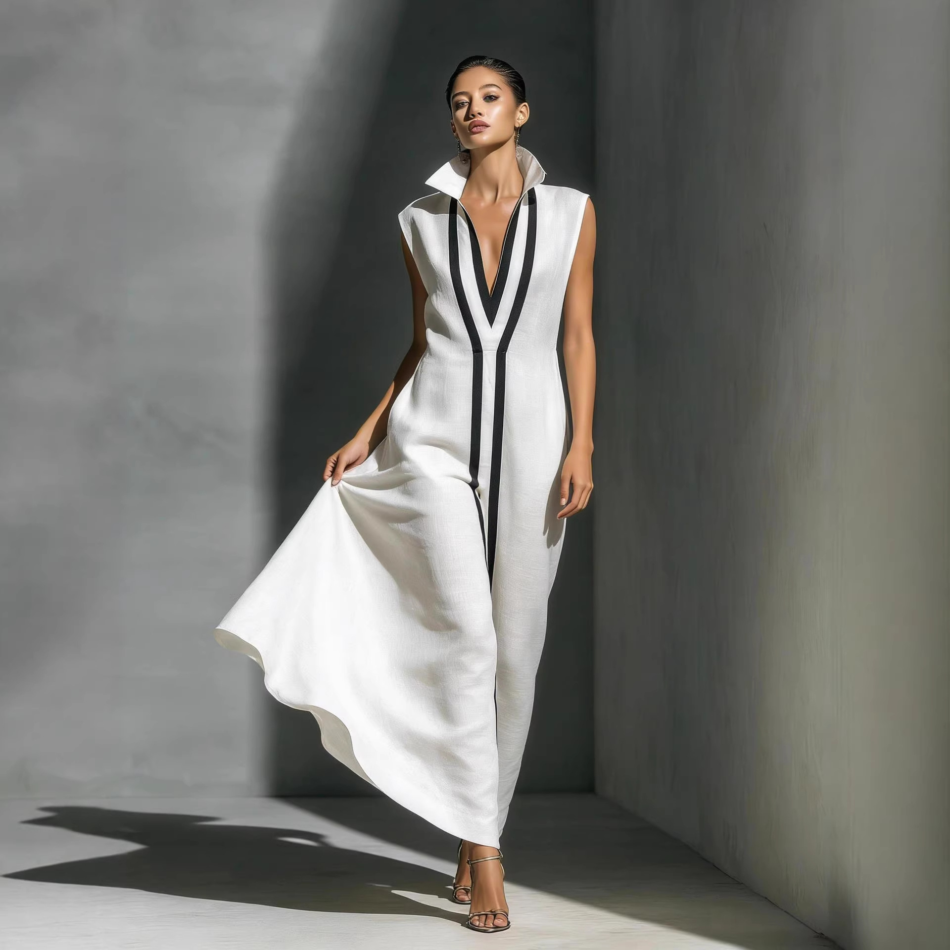 Elegant V-Neck Color-Block Casual Midi Dress For Women, Breathable Stretch A-Line Sundress For Daily Wear, Travel, And Office_ecoleips.com