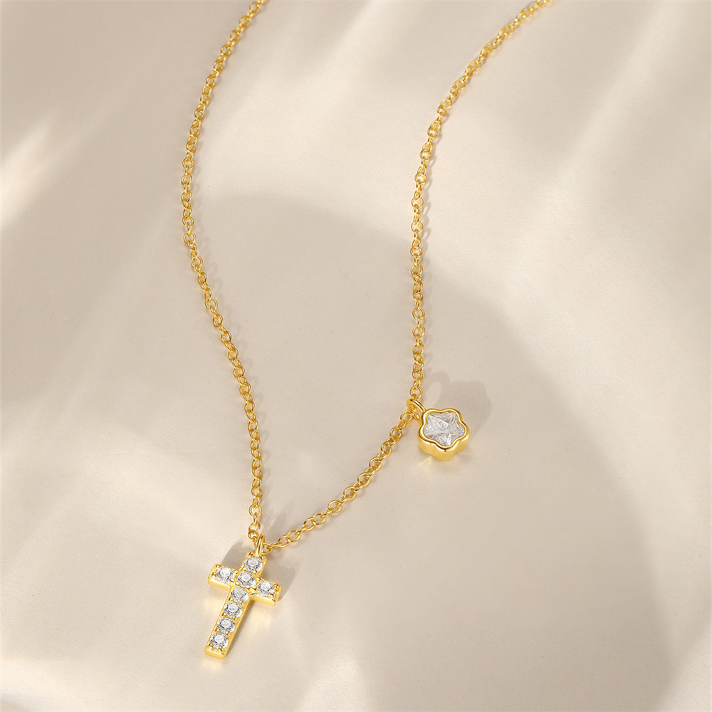 925 Sterling Silver Zircon Cable Chain Plating Cross Flower Multi Charms Necklace display picture 5