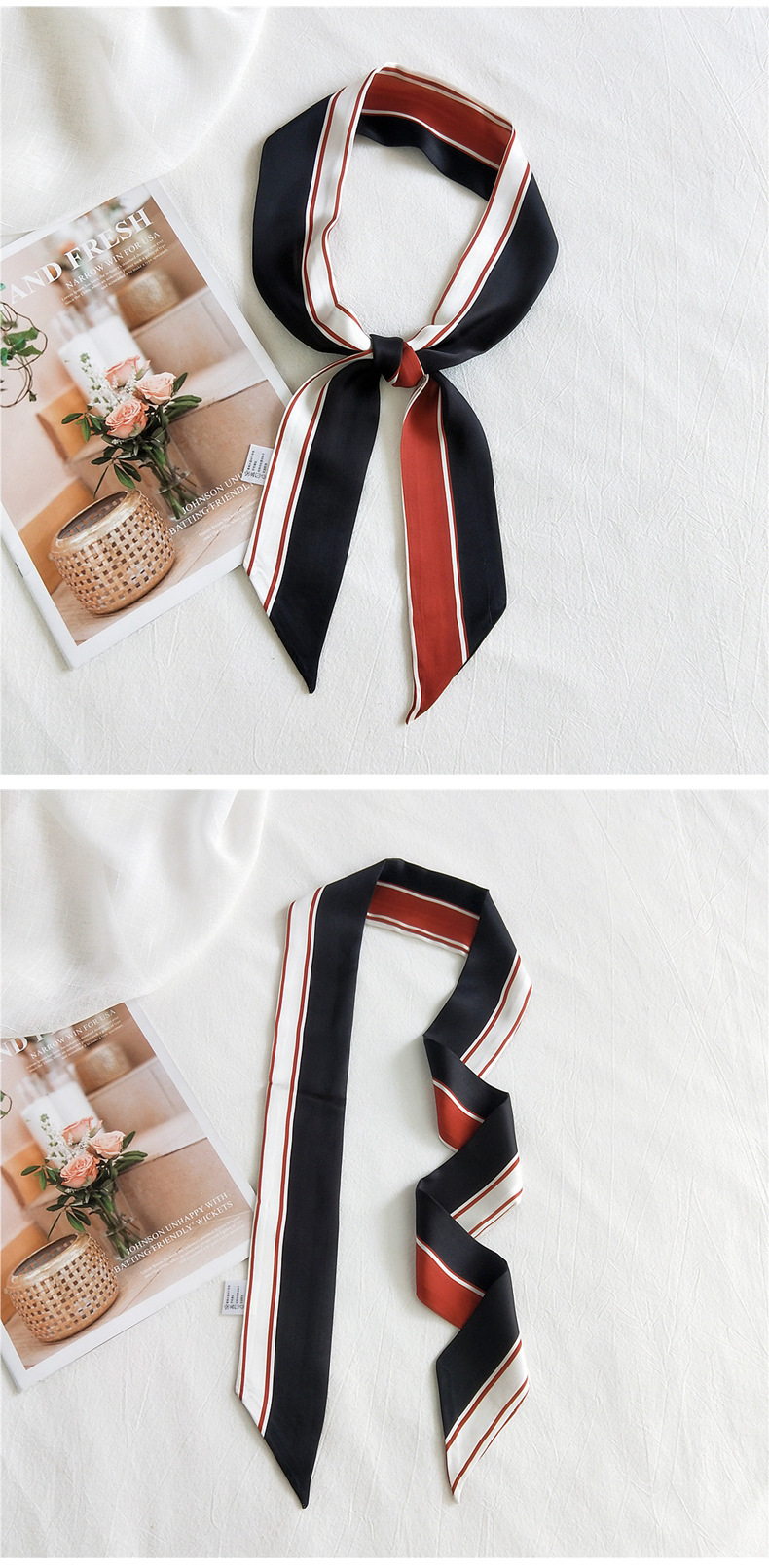 30g Weight Silk Scarf Classification Travel Occasion Unisex Gender Sweet Style Khaki, Grey, White, Purple, Red, Green, Blue, Yellow, Black Color Fashion Narrow Long Small Silk Scarf 17