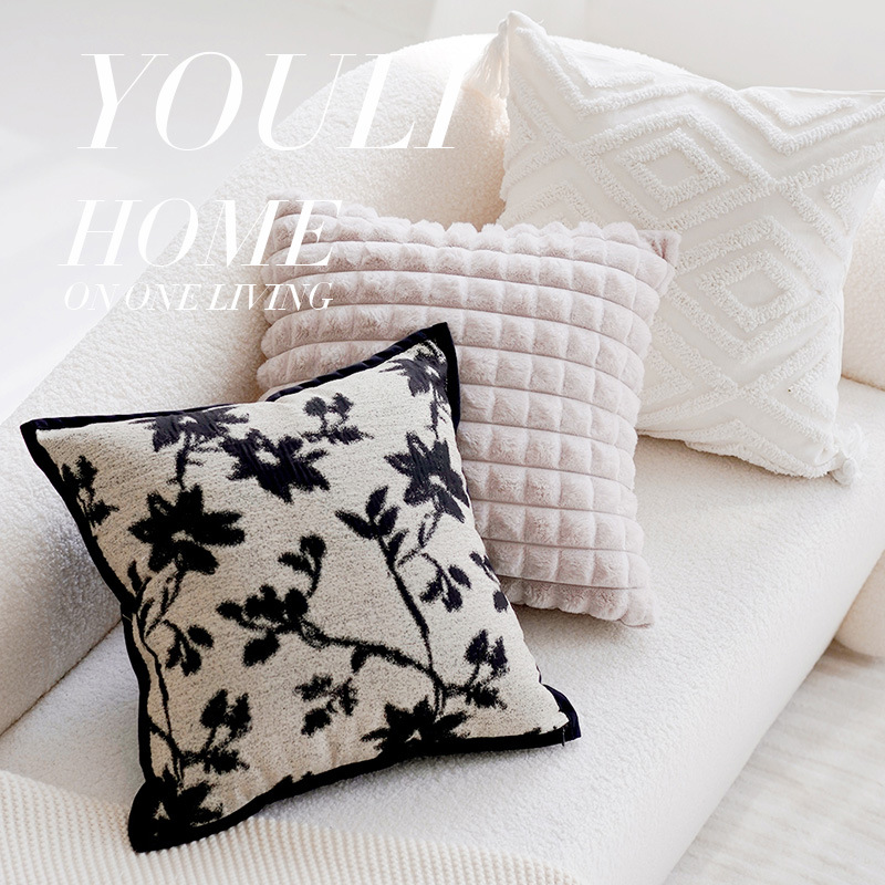 Cojín de estilo francés retro floral funda de almohada moderna simple blanco y negro almohada americana sala de estar sofá cojín estilo Chanel