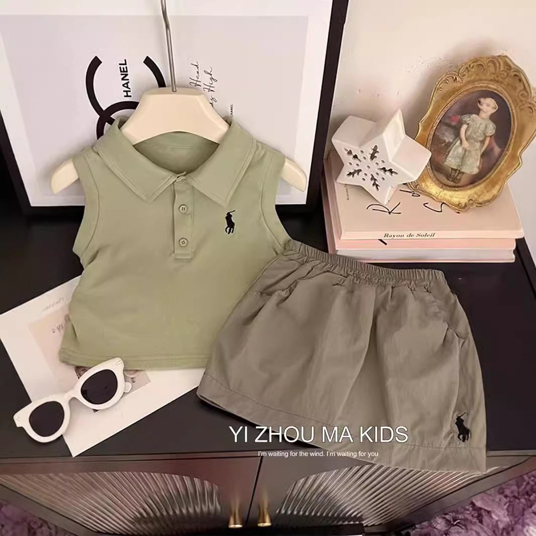 Girls Summer Set 2024 New Korean Style Simple Children's Polo Shirt Short Sleeve Casual Skirts Shorts Shorts Two-piece Set