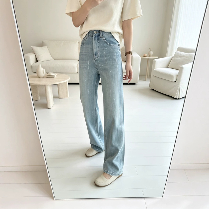 Straight-leg pants king! Women's slim-fit straight-leg jeans with rhinestones, 2026 new model, elastic high-waisted, slimming straight-leg pants Straight-leg pants king! Women's slim-fit straight-leg jeans with rhinestones, 2026 new model, elastic high-waisted, slimming straight-leg pants
