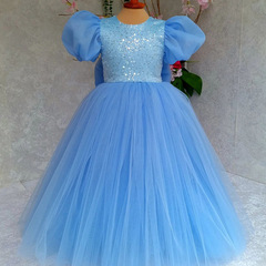 兒童禮服2024新款蓬蓬網紗裙生日鋼琴走秀演出服泡泡袖公主裙批發