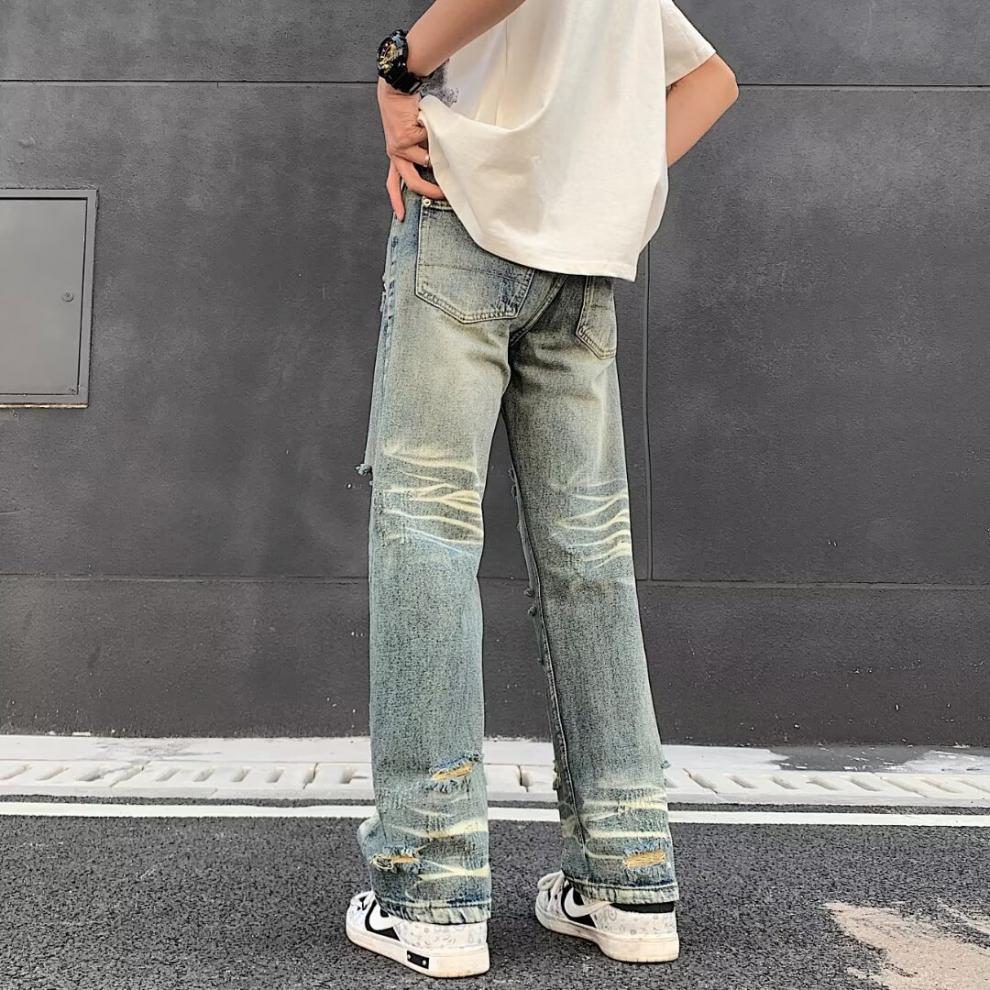 boy Ripped Jeans For Men, Trendy Brand, European And American Street Style Pants, Vintage High Street, Distressed Washed_viptrois.com