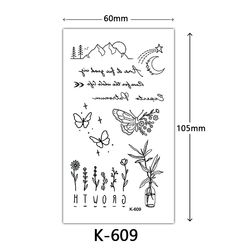 Pequeñas pegatinas de tatuaje frescas letras inglesas flores mariposas líneas de boceto pegatinas de tatuaje impermeables tatuaje