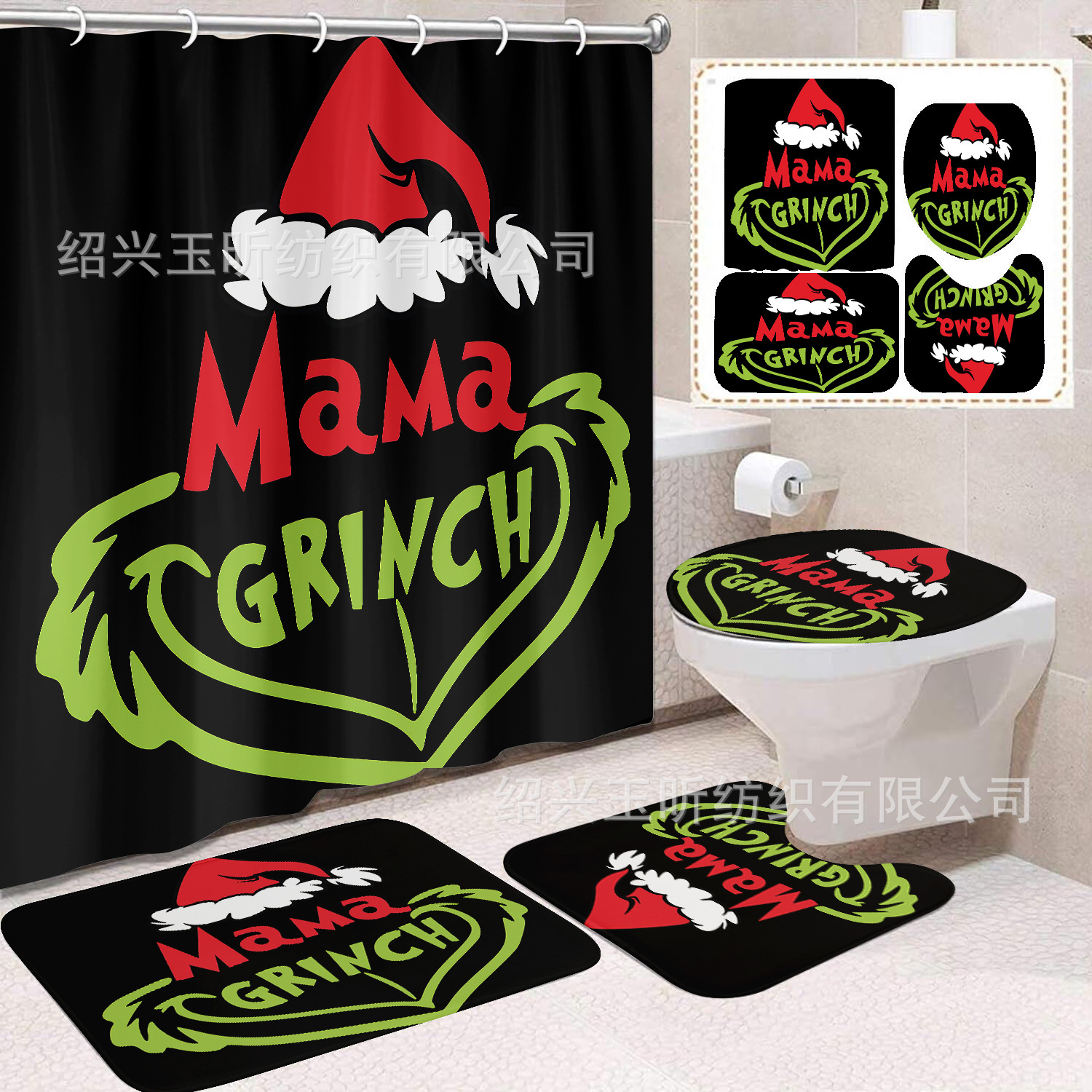 Tela de cortina de ducha transfronteriza, cortina de ducha impermeable, alfombra antideslizante de baño, juego de Grinch 4 de pelo verde al por mayor, sin perforación