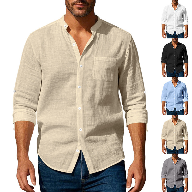 Herren Leinenhemd Mit Stehkragen Für Einen Smarten Freizeit Look_voghion.com