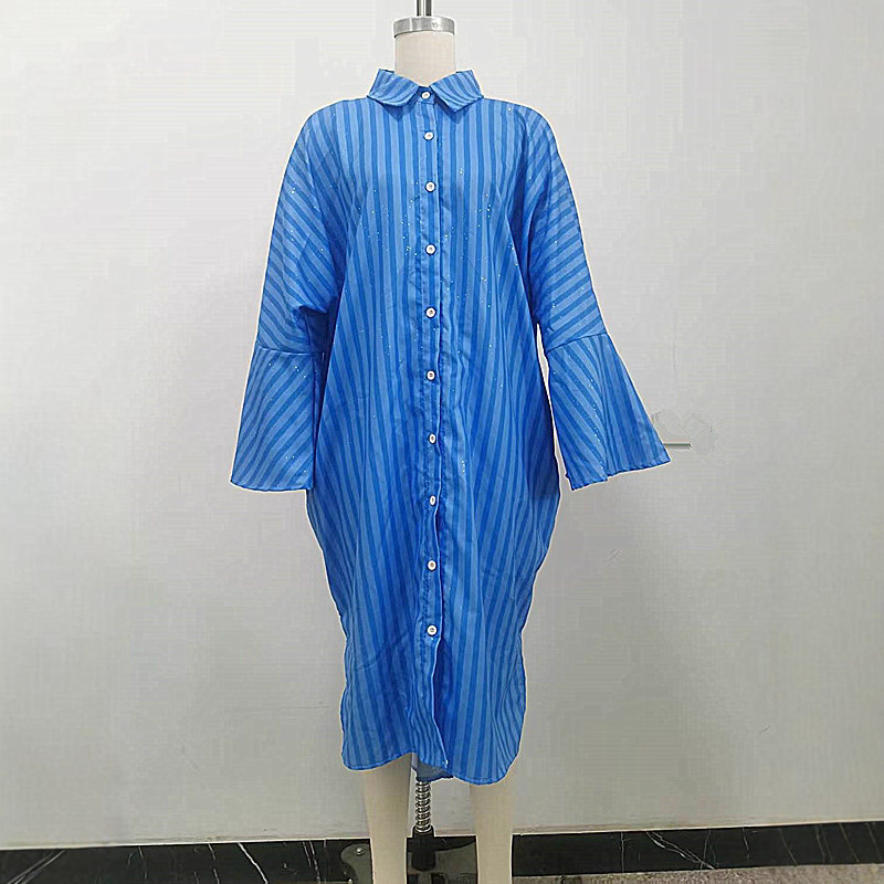 Dameskleding Zomer Gestreept Plus Size Shirt voor Dames Casual Losse Pasvorm Jurk met Strass Steentjes Stijl_voghion.com