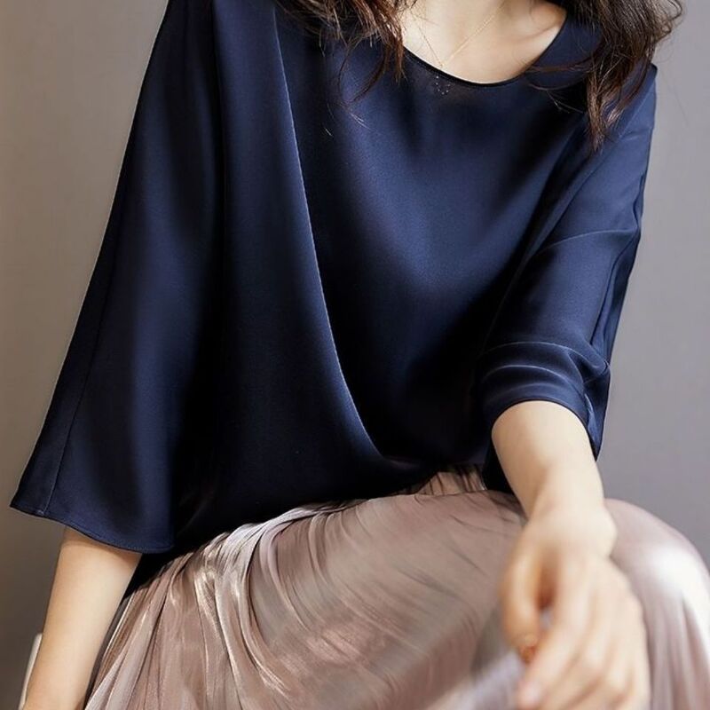 Summer New Solid Color Round Neck T-shirt Women's Seven-point Sleeve Fashionable Elegant Super Soft Bat Sleeve Large Size Loose Top